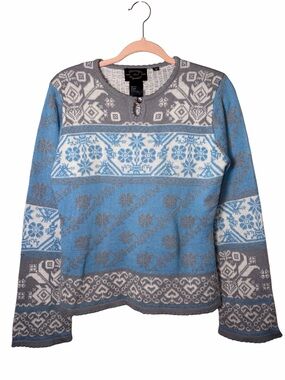 Obermeyer Vintage Y2K Nordic Fair Isle Wool Blend Ski Sweater Blue Gray Medium